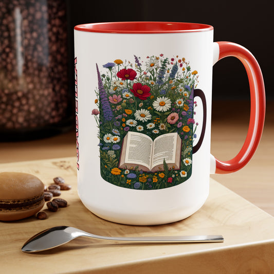 Custom Name 15oz Mug, Perfect Gift for Book Lovers with Wildflowers.