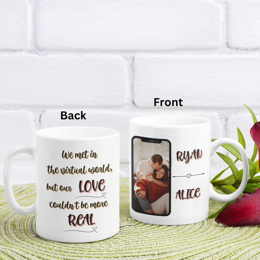 Connected by Love: Anniversary Mug for Couples Who Met Online.