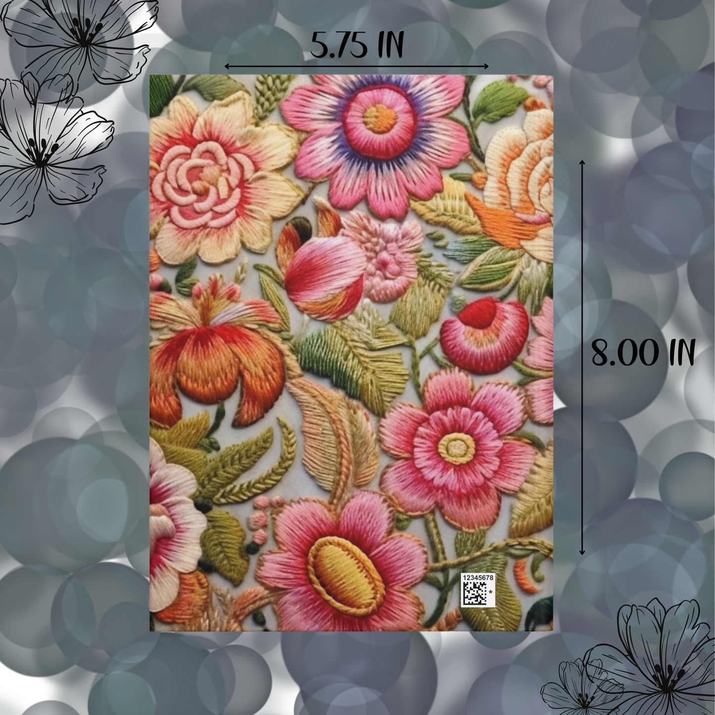 Custom Floral Faux Embroidery Notebook, Personalized Matte Journal.