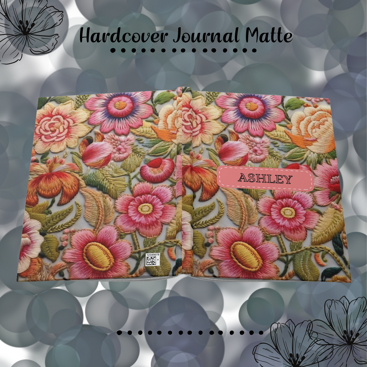 Custom Floral Faux Embroidery Notebook, Personalized Matte Journal.