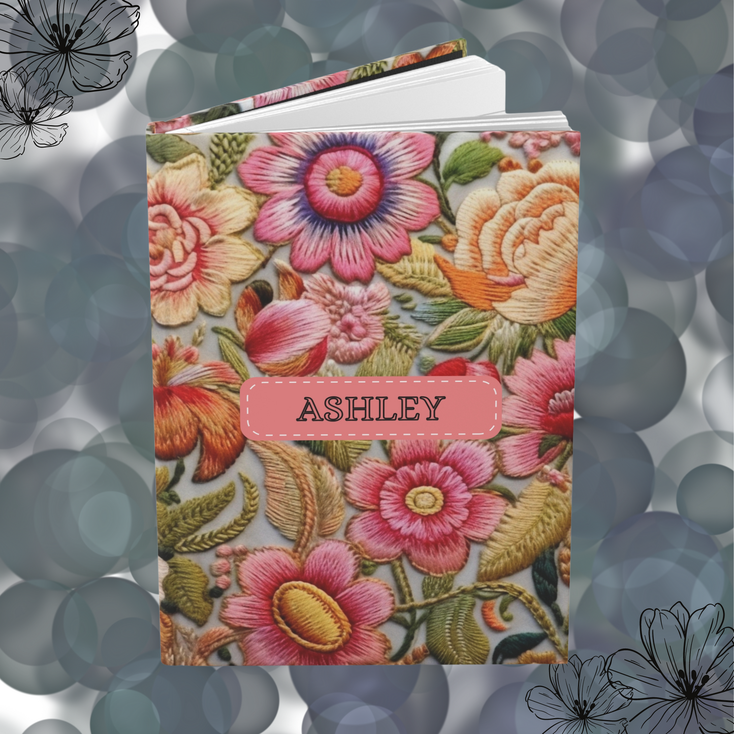 Custom Floral Faux Embroidery Notebook, Personalized Matte Journal.