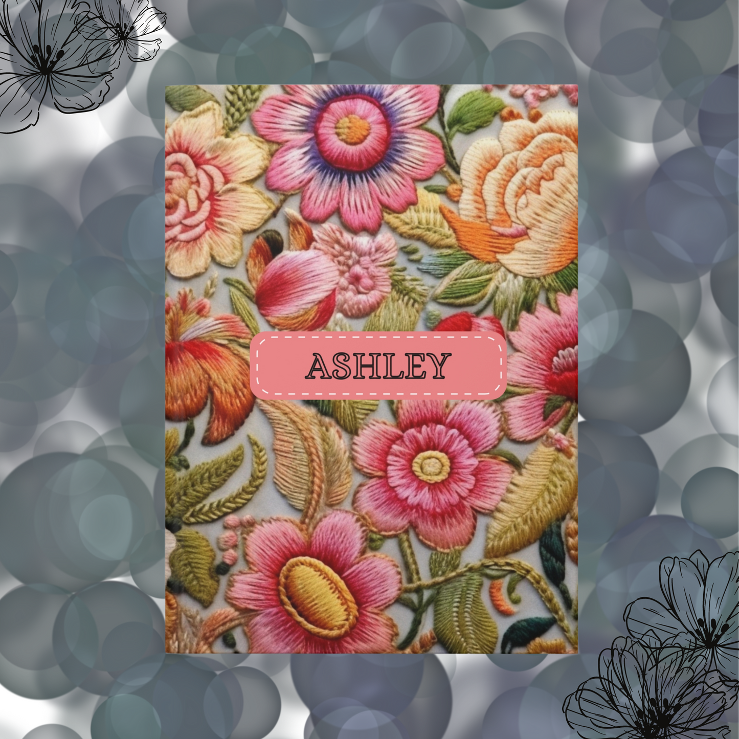 Custom Floral Faux Embroidery Notebook, Personalized Matte Journal.