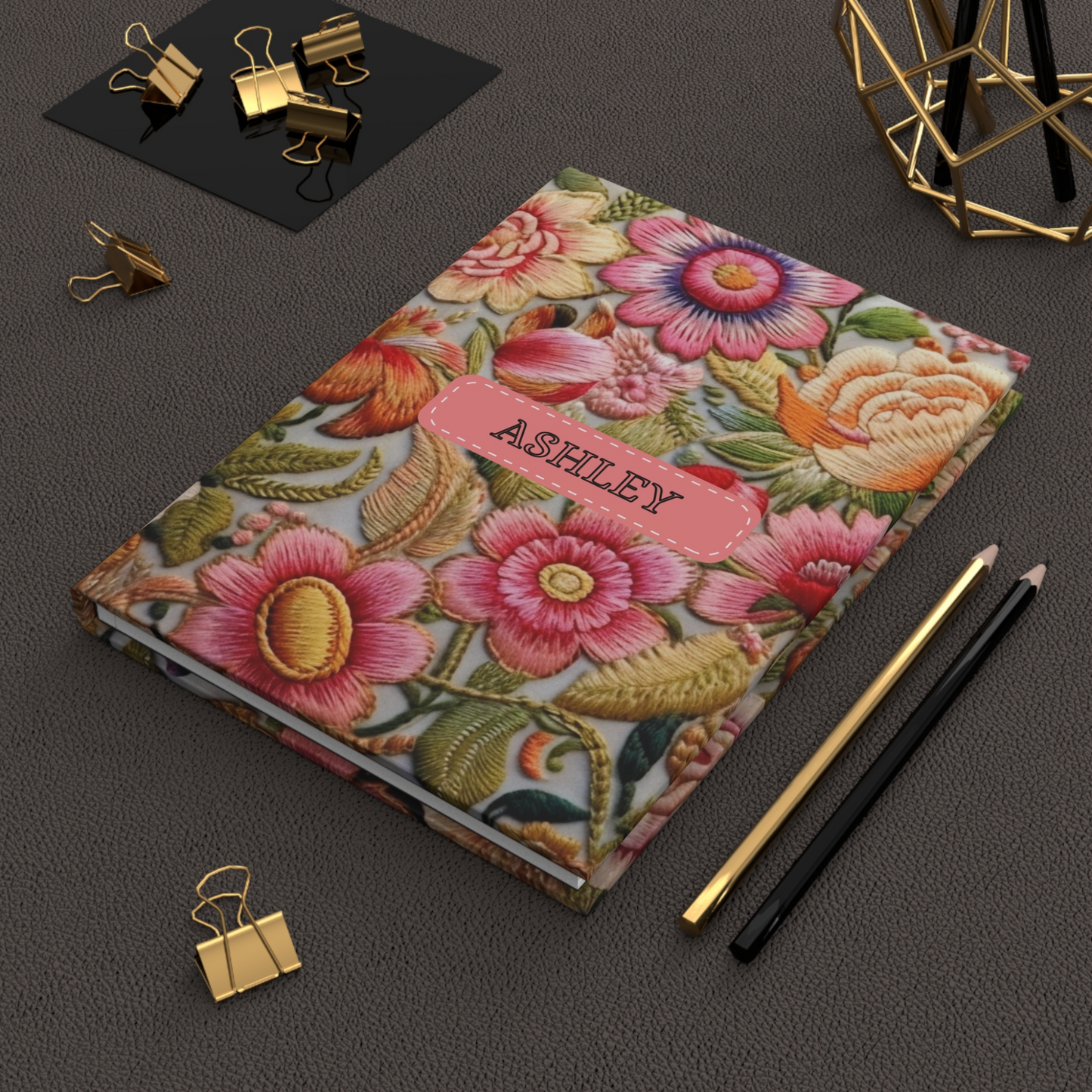 Custom Floral Faux Embroidery Notebook, Personalized Matte Journal.