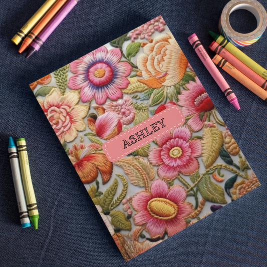 Custom Floral Faux Embroidery Notebook, Personalized Matte Journal.