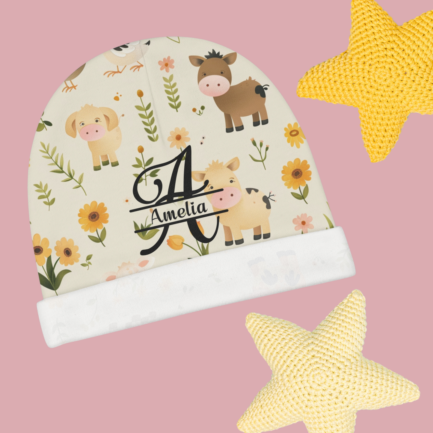 Personalized Baby Beanie with Animal Print - Custom Name.