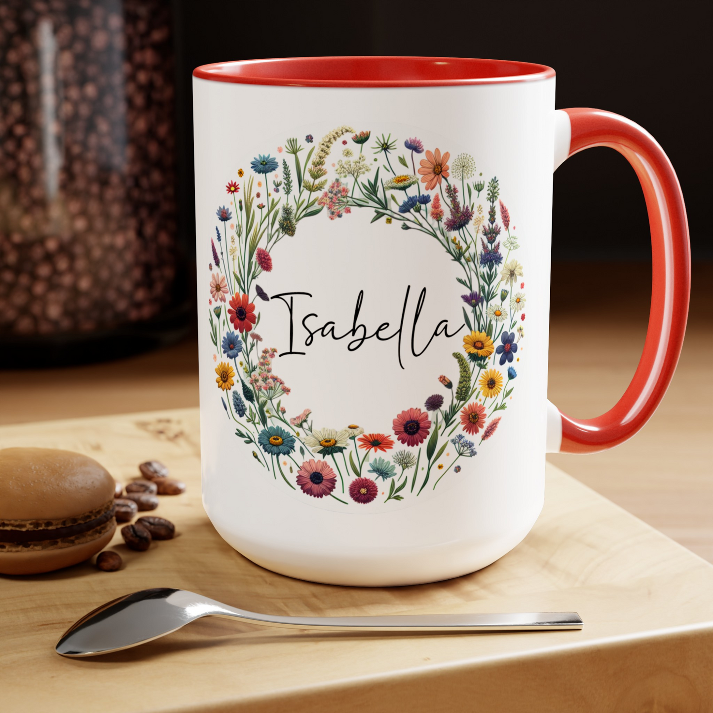 Taza con nombre personalizado Taza de café con flores silvestres primaverales de 15 oz.