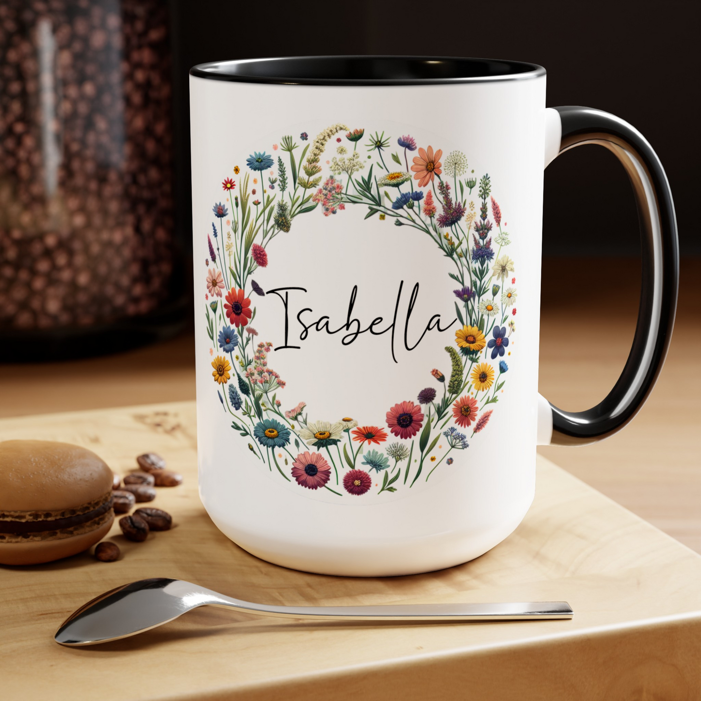 Taza con nombre personalizado Taza de café con flores silvestres primaverales de 15 oz.