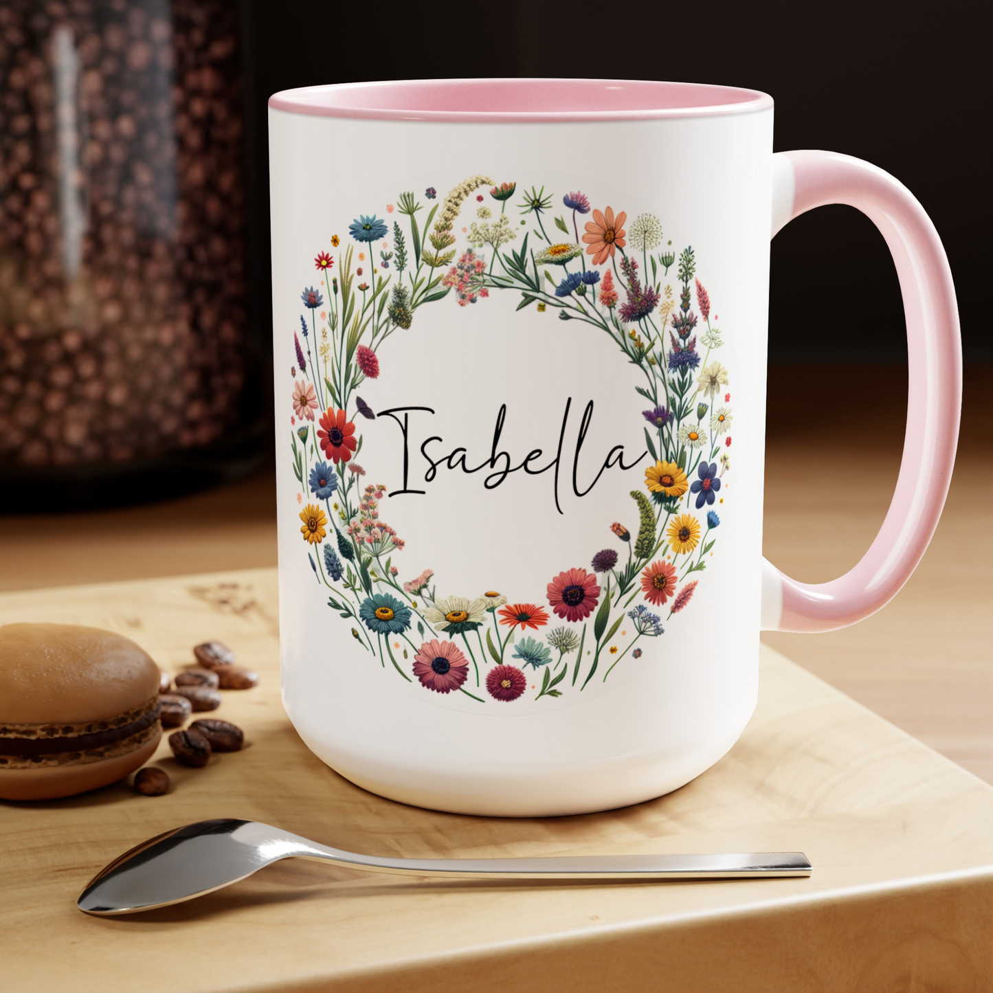 Taza con nombre personalizado Taza de café con flores silvestres primaverales de 15 oz.