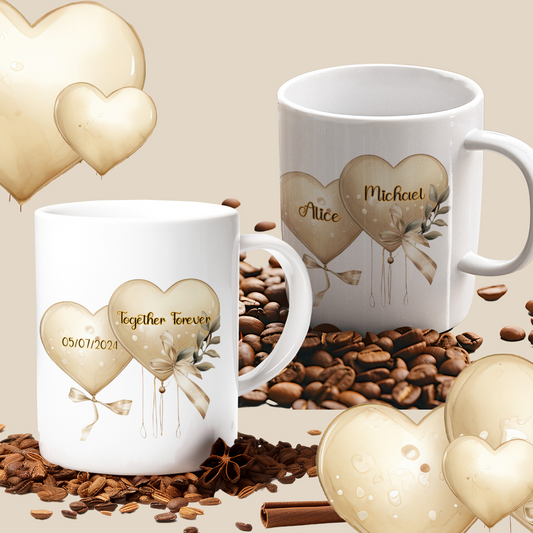 Eternal Love Mug Set: Personalized with Names and Wedding Date.