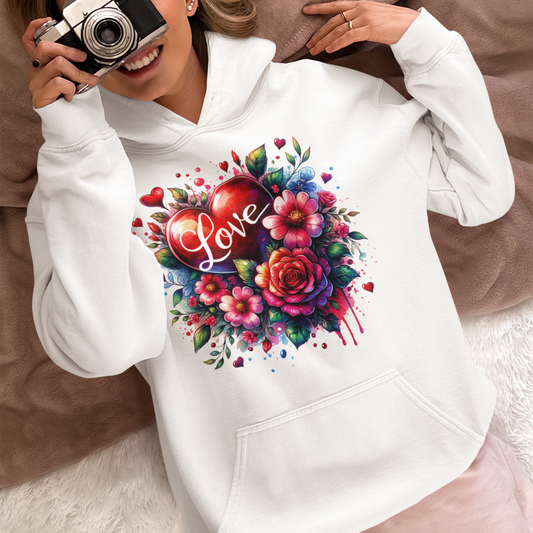 Blooming Love Hoodie with Floral and Watercolor Hearts Design.