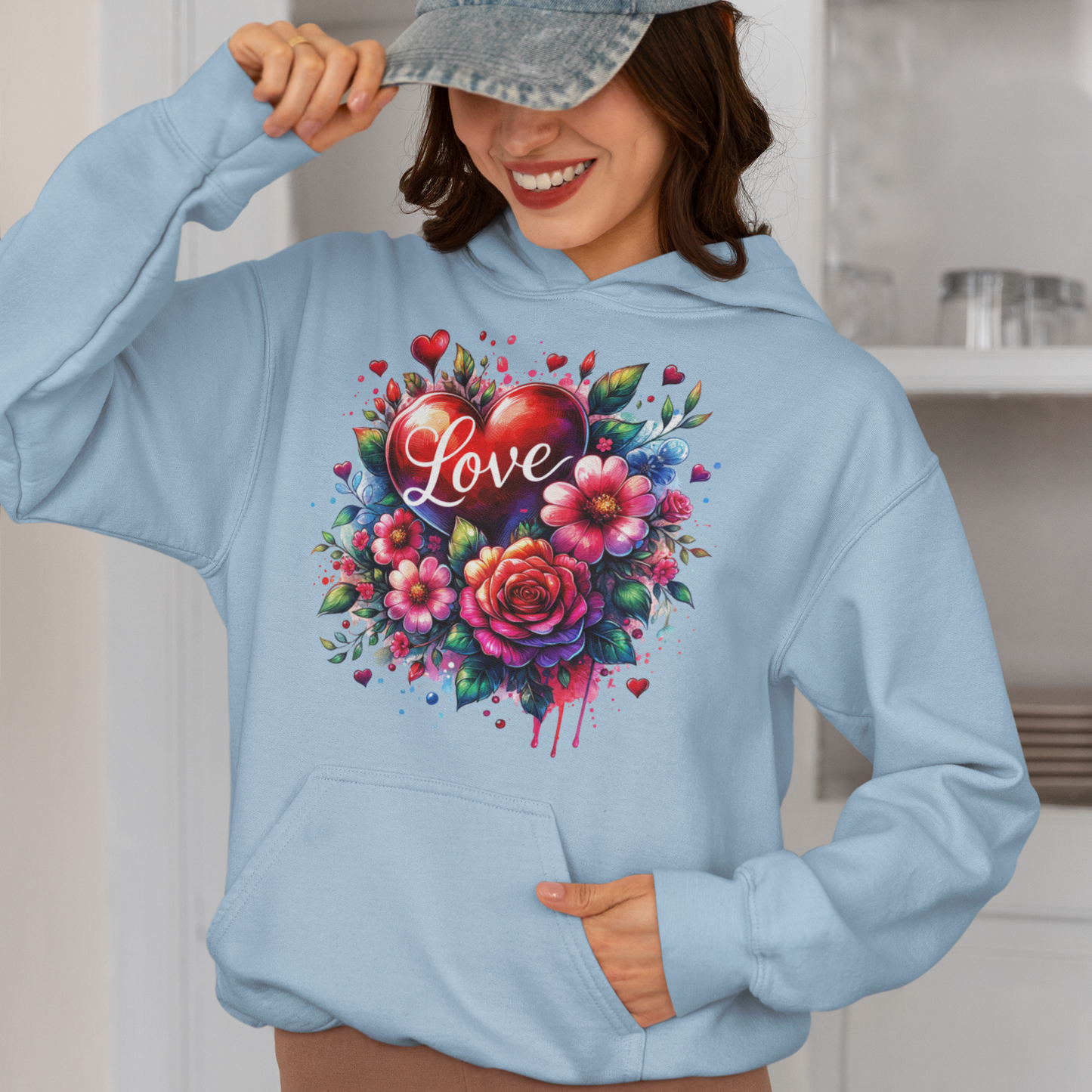 Blooming Love Hoodie with Floral and Watercolor Hearts Design.