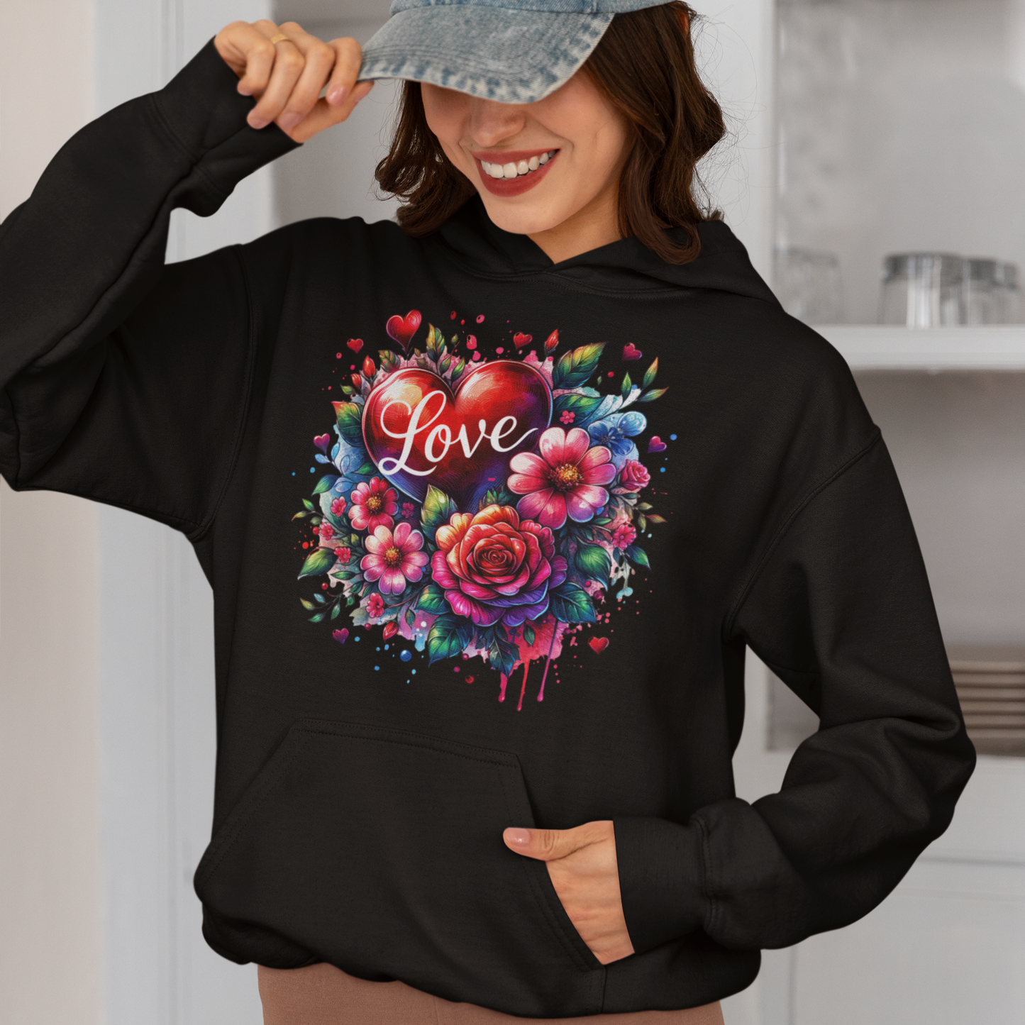 Blooming Love Hoodie with Floral and Watercolor Hearts Design.