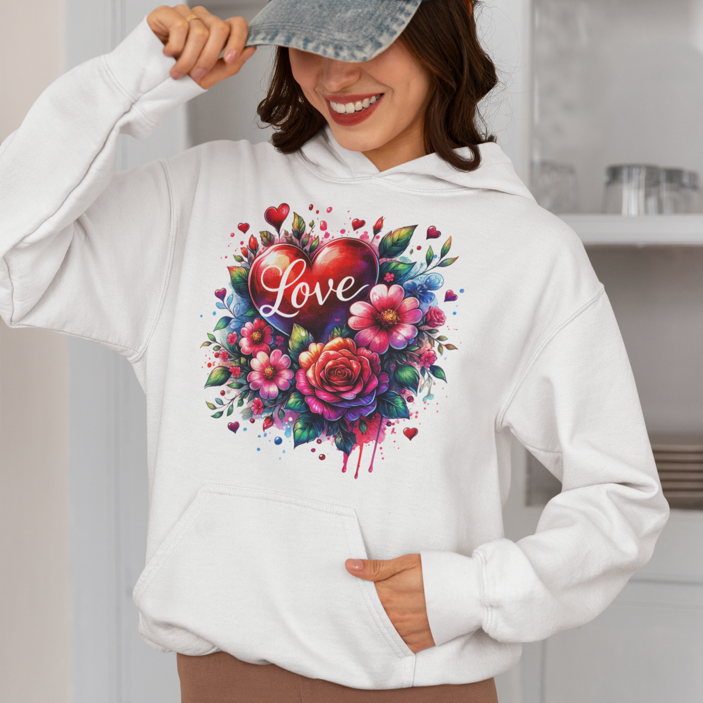 Blooming Love Hoodie with Floral and Watercolor Hearts Design.