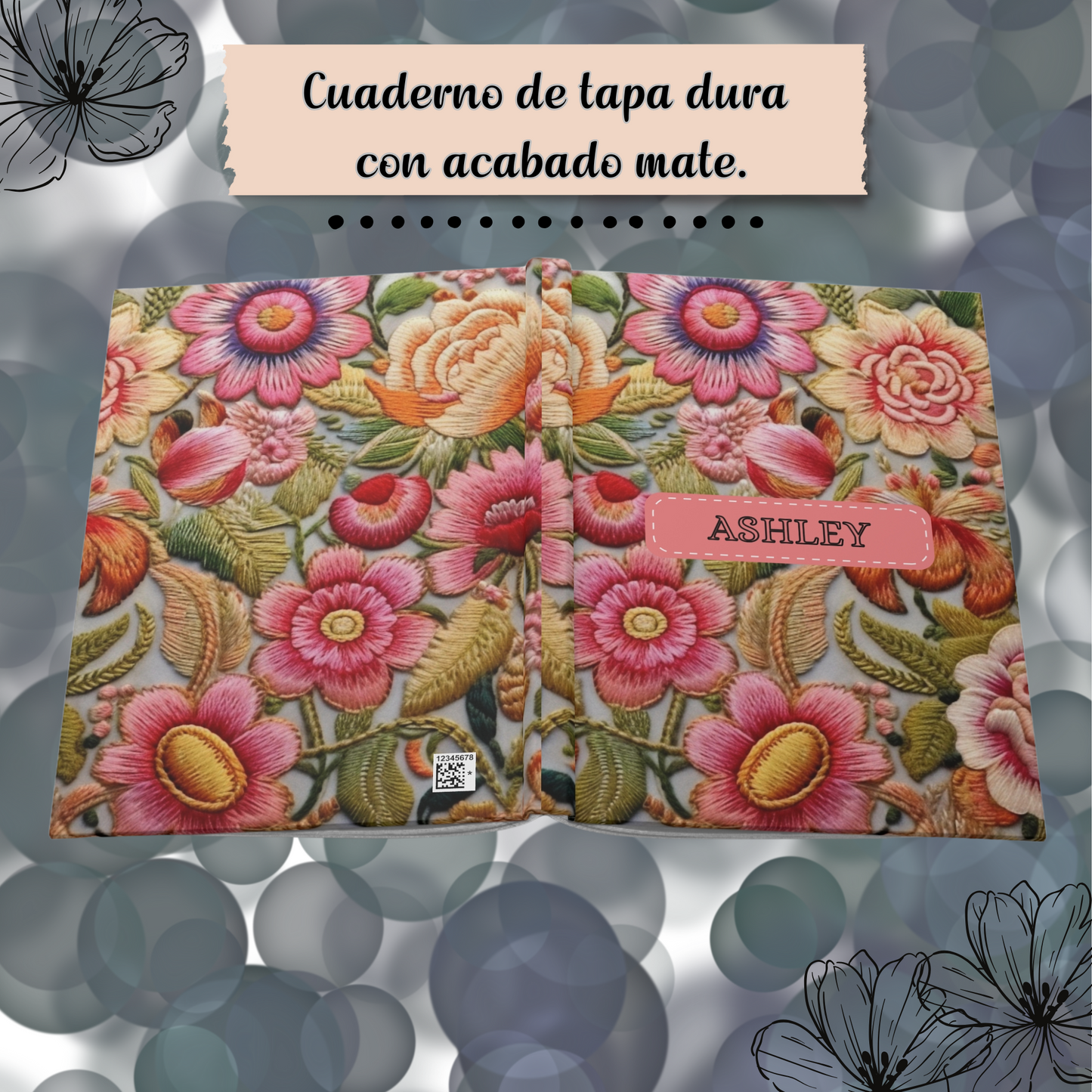 Cuaderno de flores personalizadas con bordado falso, diario mate personalizado.