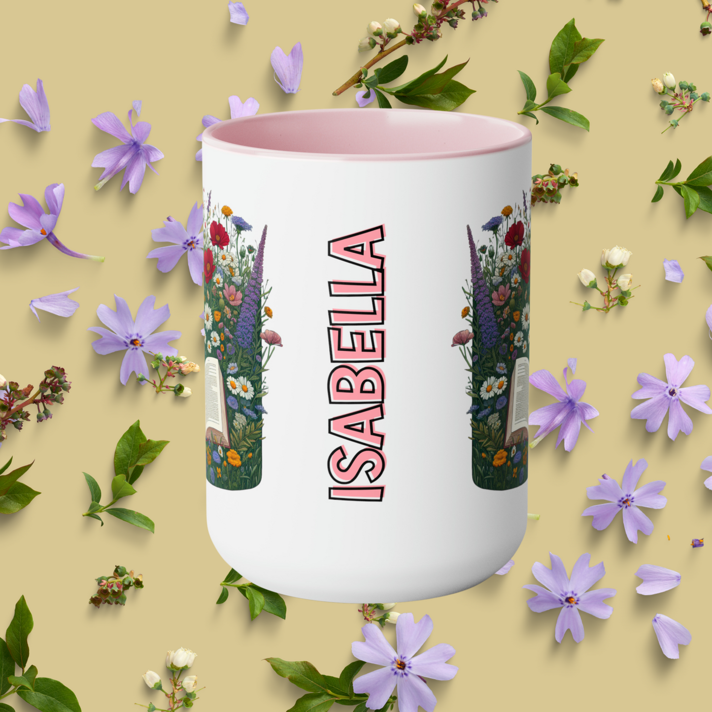 Custom Name 15oz Mug, Perfect Gift for Book Lovers with Wildflowers.