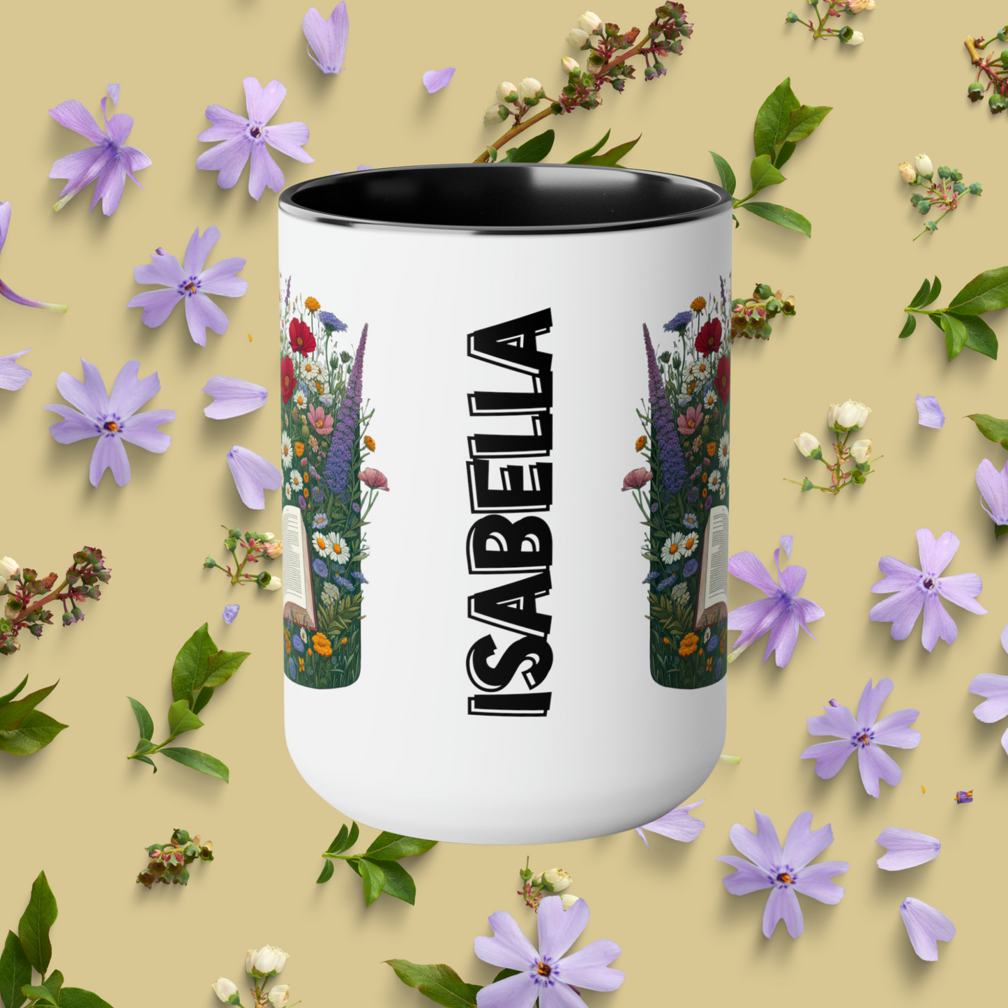 Custom Name 15oz Mug, Perfect Gift for Book Lovers with Wildflowers.