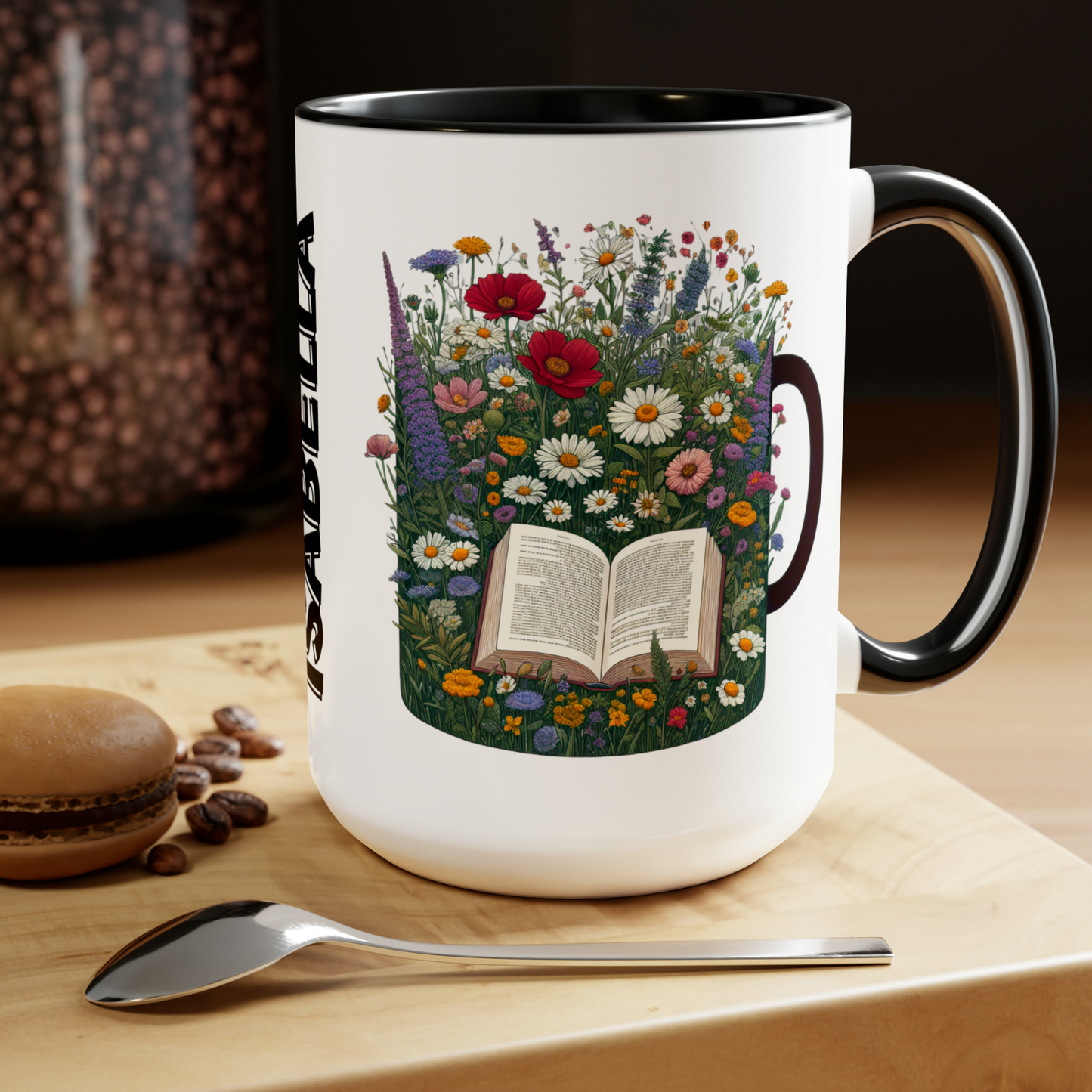 Custom Name 15oz Mug, Perfect Gift for Book Lovers with Wildflowers.