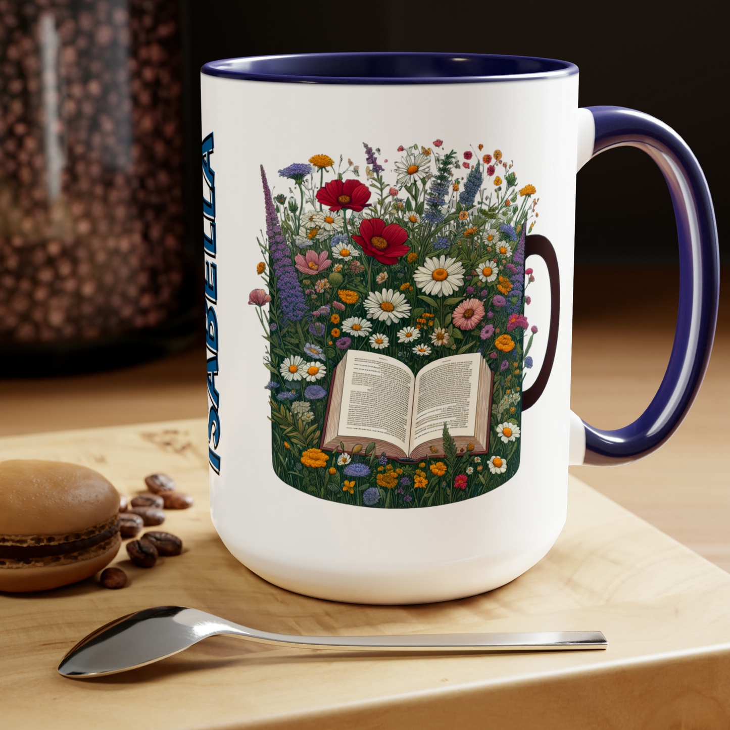 Custom Name 15oz Mug, Perfect Gift for Book Lovers with Wildflowers.