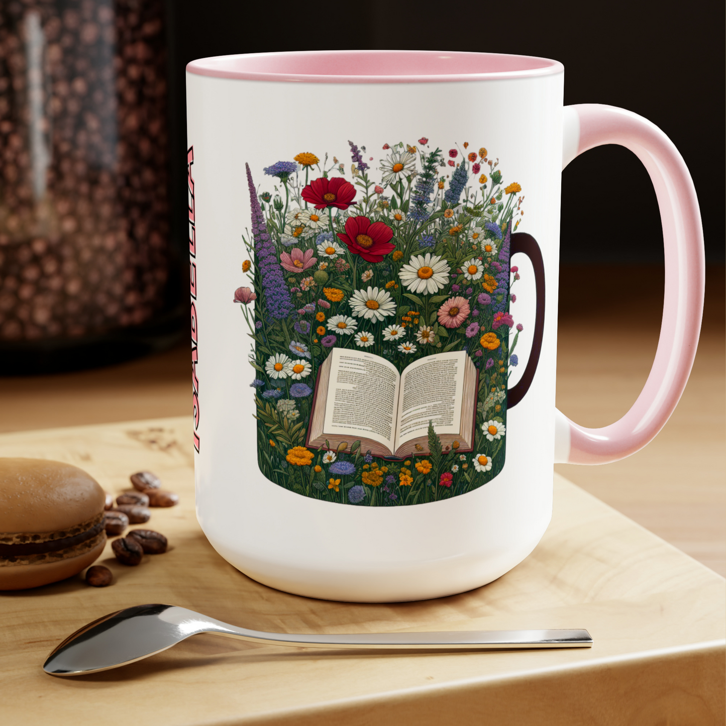 Custom Name 15oz Mug, Perfect Gift for Book Lovers with Wildflowers.