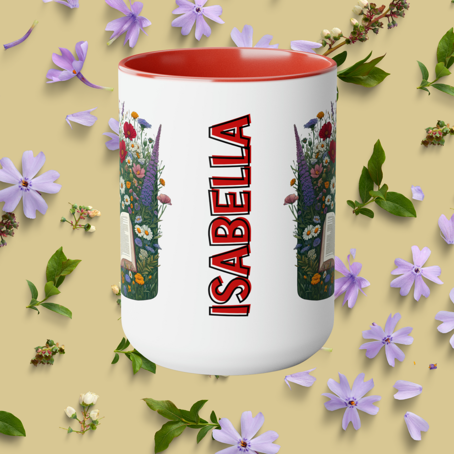 Custom Name 15oz Mug, Perfect Gift for Book Lovers with Wildflowers.