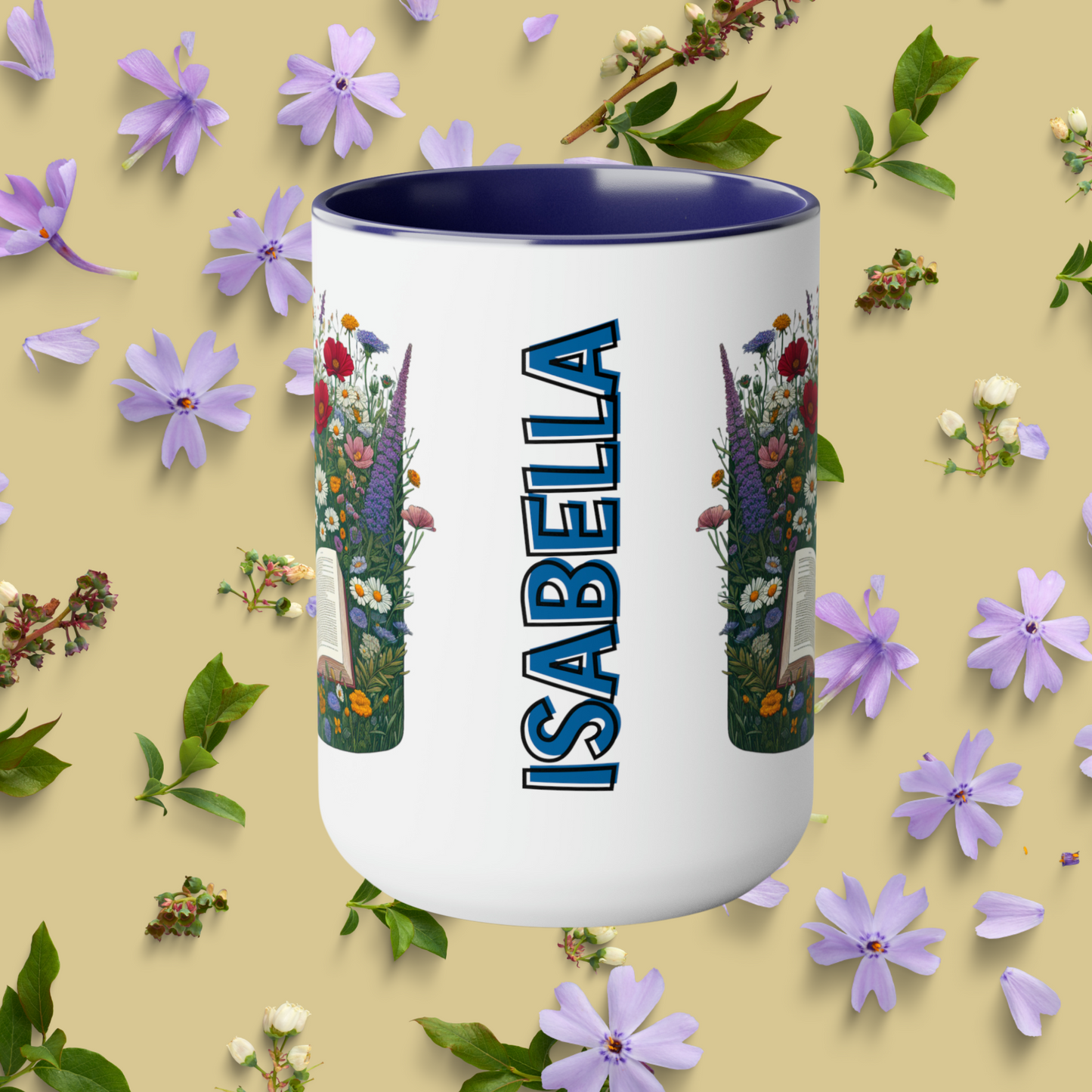 Custom Name 15oz Mug, Perfect Gift for Book Lovers with Wildflowers.