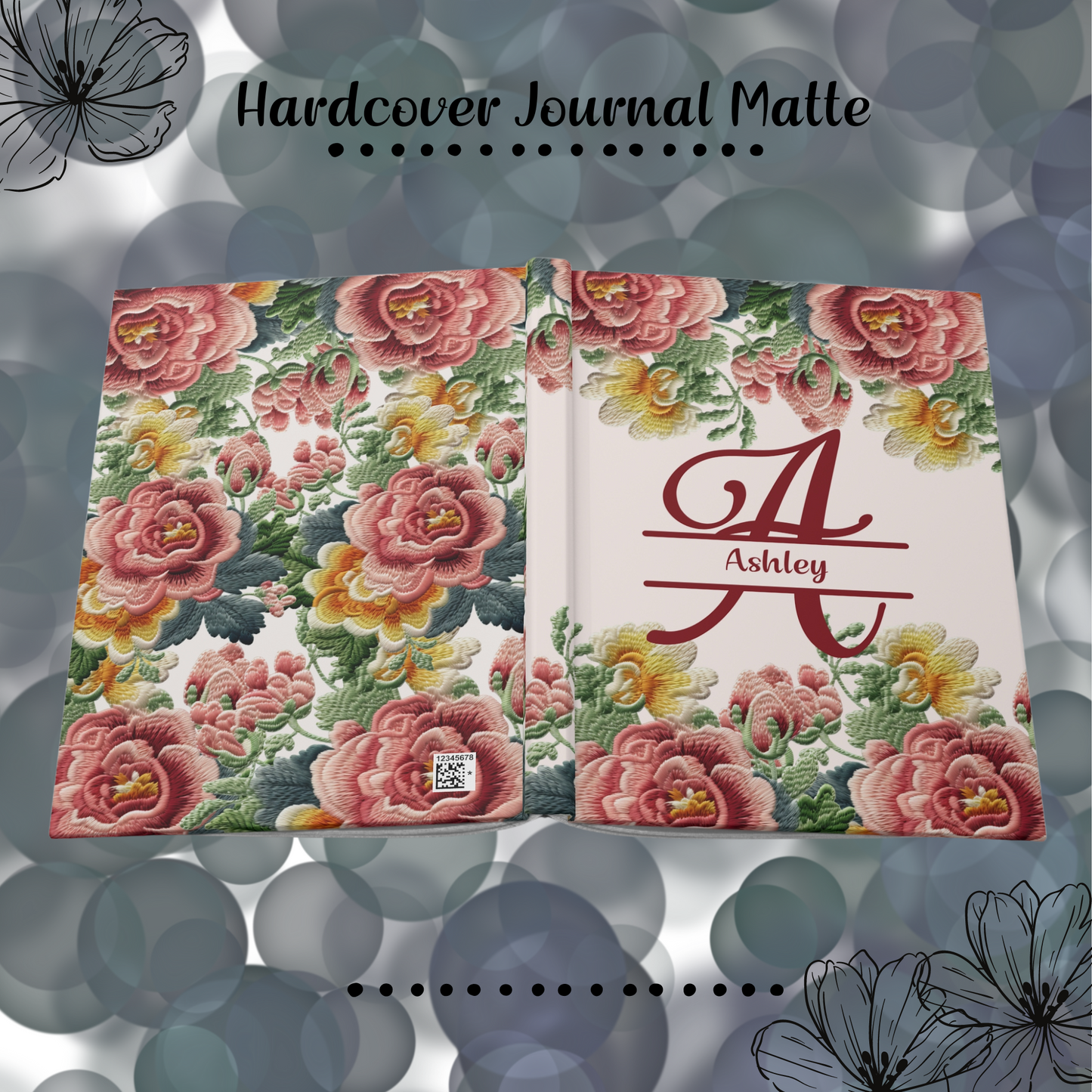 Rose Faux Embroidery Notebook, Personalized Floral Gift Journal.