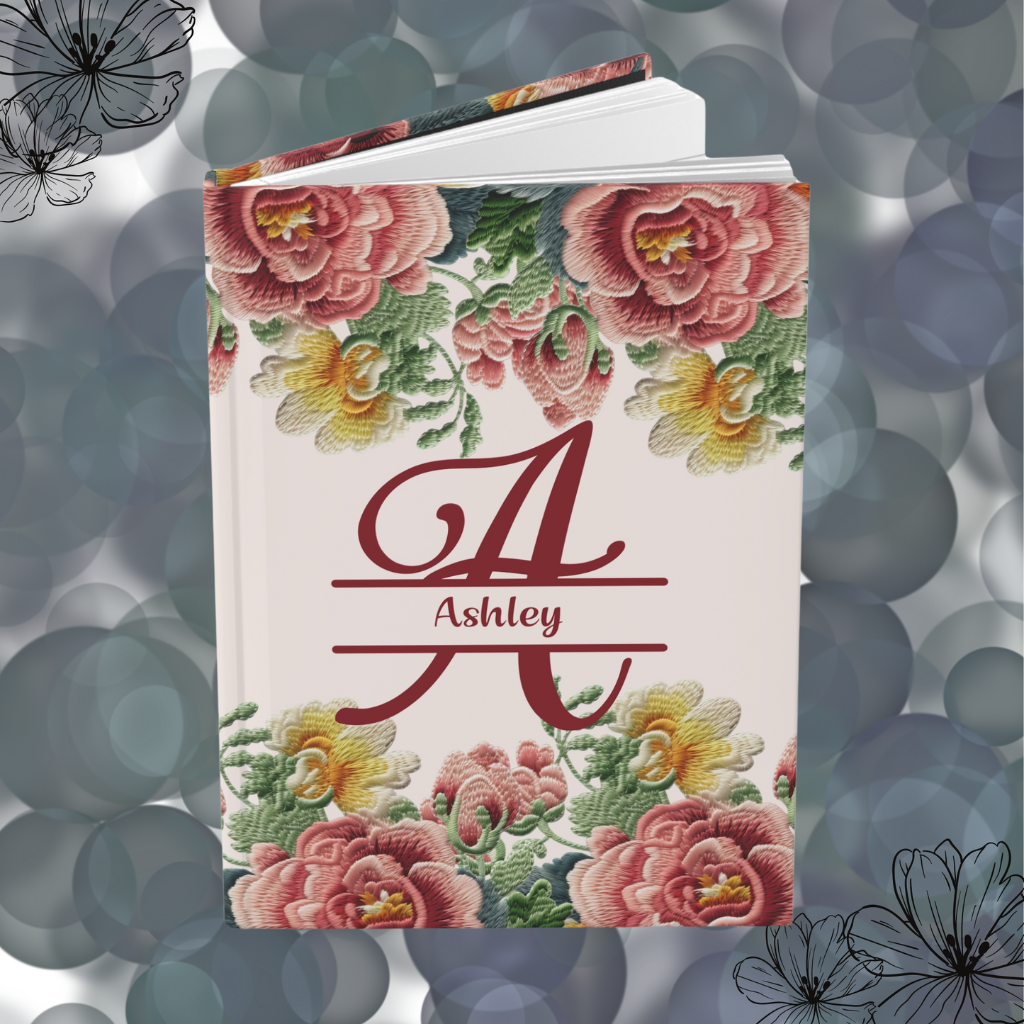 Rose Faux Embroidery Notebook, Personalized Floral Gift Journal.