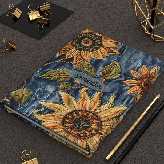 Sunflower Faux-Embroidered Denim Journal, Personalized Cottagecore Diary.